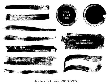 Set of black paint, ink brush strokes, brushes, lines,circles. Dirty artistic design elements, boxes, frames for text
