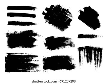 Set of black paint, ink brush strokes, brushes, lines. Dirty artistic design element, box, frame, background, grunge texture.