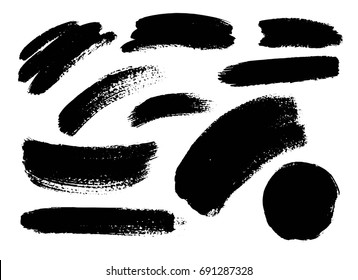 Set of black paint, ink brush strokes, brushes, lines. Dirty artistic design element, box, frame, background, grunge texture.