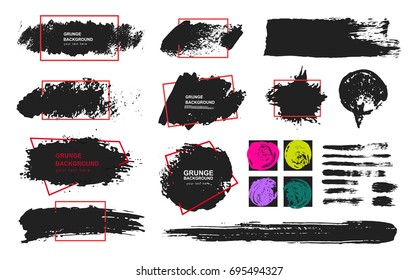 Set of black paint, ink brush, brush. Dirty element design, box, frame or background for text. Line or texture. Vector illustration. Isolated on white background. Blank shapes for your design.