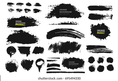 Set of black paint, ink brush, brush. Dirty element design, box, frame or background for text. Line or texture. Vector illustration. Isolated on white background. Blank shapes for your design.