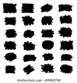 Set of black paint, ink brush strokes, brushes, lines, circle. Dirty artistic design elements, boxes, frames for text, mask. 
