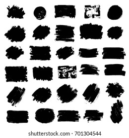 Set of black paint, ink brush strokes, brushes, lines, circle. Dirty artistic design elements, boxes, frames for text, mask. 