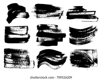 Set of black paint, ink brush strokes, brushes, lines. Dirty artistic design elements, boxes, frames for text