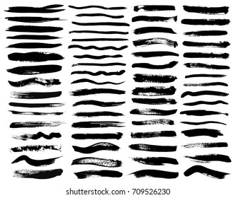 Set of black paint, ink brush strokes, brushes, lines. Dirty artistic design elements
