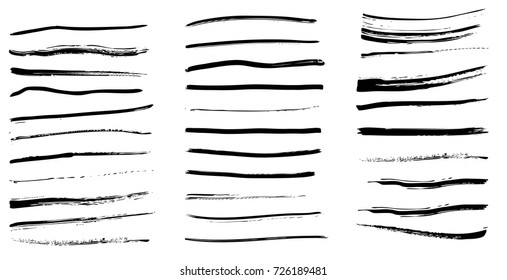 Set of black paint, ink brush strokes, brushes, lines. Dirty artistic design elements
