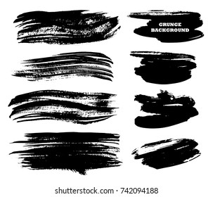 Set of black paint, ink brush strokes, brushes, lines. Dirty artistic design elements, boxes, frames for text