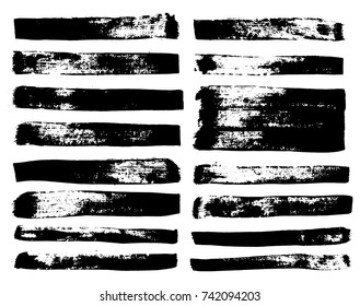 Set of black paint, ink brush strokes, brushes, lines. Dirty artistic design elements, boxes, frames for text