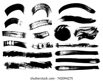 Set of black paint, ink brush strokes, brushes, lines. Dirty artistic design elements, boxes, frames for text