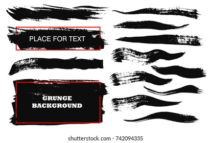 Set of black paint, ink brush strokes, brushes, lines. Dirty artistic design elements, boxes, frames for text