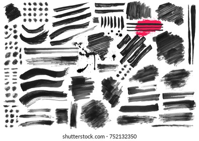 Set of black paint, ink brush, brush. Dirty element design, box, frame or background for text. Line or texture. Vector illustration. Isolated on black and white background