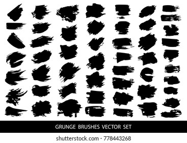 Set of black paint, ink brush strokes, brushes, lines. Dirty artistic design elements, boxes, frames for text. Vector illustration.