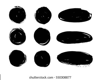 Set of black paint, ink circles, ovals. Dirty artistic design elements, boxes, frames, backgrounds. Place for text, quote, information.