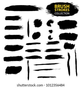 Set of black paint, ink, grunge, dirty brush strokes. Dirty artistic design element, box, frame or background  for text. Isolated on white background. Vector set of grunge brush strokes.