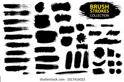 Set of black paint, ink, grunge, dirty brush strokes. Dirty artistic design element, box, frame or background  for text. Isolated on white background. Vector set of grunge brush strokes.