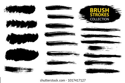 Conjunto de pinturas negras, tinta, grunge, pinceladas sucias. Elemento de diseño artístico sucio, cuadro, marco o fondo para texto. Aislado sobre fondo blanco. Conjunto vectorial de trazos de pincel gruesos.