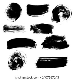 Set of black paint, ink, grunge, dirty brush strokes. Hand drawn vector modern calligraphy. Ink illustration.