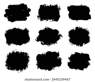 Set of black paint, ink, grunge, dirty brush strokes.