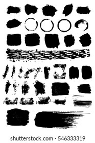 Set of black paint, ink, grunge, dirty brush strokes. Painted grunge stripes set. Black labels, background, paint texture. Brush strokes vector. Handmade design elements.