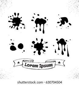 Set of black paint, ink, grunge, dirty brush strokes. Set of black splash on white background vector illustration.