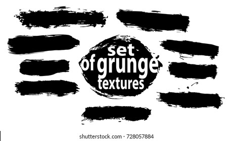 Set of black paint, ink, grunge, dirty brush strokes. Painted grunge stripes set. Black labels, background, paint texture. Brush strokes vector. Handmade design elements.