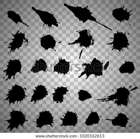 Set of black paint, ink, grunge, dirty brush strokes on transparent background. Vector.