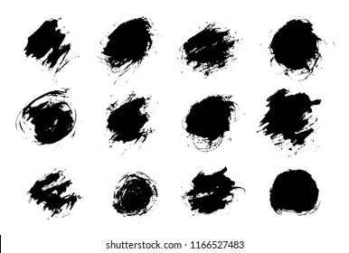 Set black paint, ink splash, brushes ink droplets, blots. Black ink splatter grunge background, isolated on white