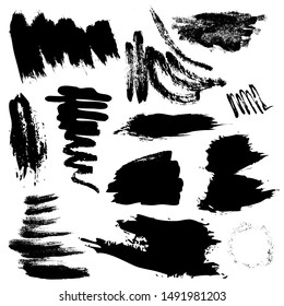 Set of black paint, ink splatters, grunge texture, brush strokes, brushes, blots, drops, splashes. Vector collection dirty artistic design elements, paintbrush, grunge silhouette