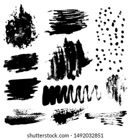 Set of black paint, ink splatters, grunge texture, brush strokes, brushes, blots, drops, splashes. Vector collection dirty artistic design elements, paintbrush, grunge silhouette