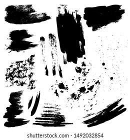 Set of black paint, ink splatters, grunge texture, brush strokes, brushes, blots, drops, splashes. Vector collection dirty artistic design elements, paintbrush, grunge silhouette