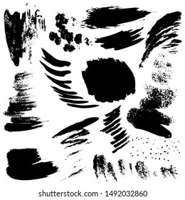 Set of black paint, ink splatters, grunge texture, brush strokes, brushes, blots, drops, splashes. Vector collection dirty artistic design elements, paintbrush, grunge silhouette