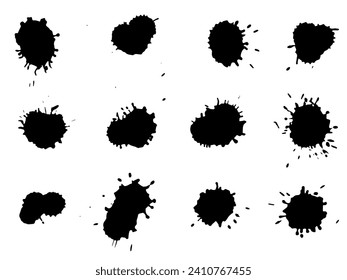 Juego de salpicaduras de pintura negra. Ilustración del vector abstracto. Esquirlas de tinta negra. Aplausos gruesos, banderas de texto