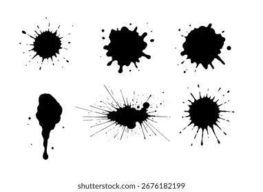 Set of black paint splashes, abstract grunge blots, artistic drops and splashes of paint, isolated spots on white background, vector illustration for design and texture effects