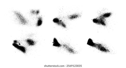Set of black paint splashes, blots isolated on white background. Ink stains with drops, grunge abstract set, spray splashes. Vector illustration