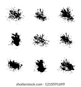 set of black paint splashes and drops on white background. abstract vector blobs and spatters