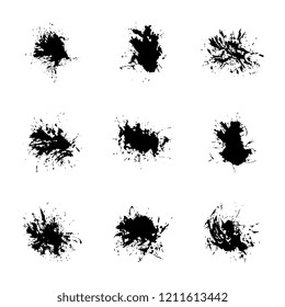 set of black paint splashes and drops on white background. abstract vector blobs and spatters