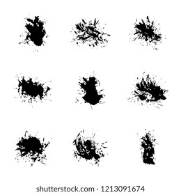 set of black paint splashes and drops on white background. abstract vector blobs and spatters