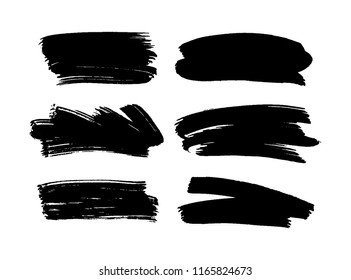 Set of black paint splashes, ink brush strokes. Graphic artistic design elements, boxes, frames for text.
