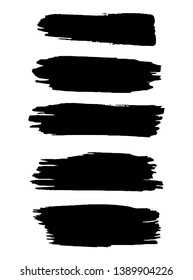 Set of black paint splashes, ink brush strokes. Graphic artistic design elements, boxes, frames for text.