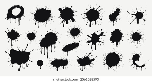 Set of black paint splashes, ink drops, and dripping liquid. Isolated grunge stains with scattered droplets and dynamic splatters. Abstract elements, sprayed shapes. Vector blobs for creative designs.