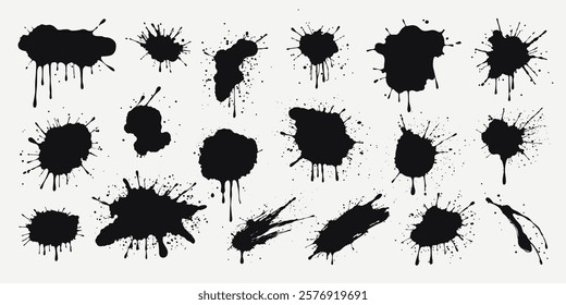 Set of black paint splashes, ink drops, and dripping liquid. Isolated grunge stains with scattered droplets and dynamic splatters. Abstract elements, sprayed shapes. Vector blobs for creative designs.