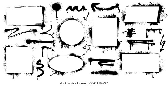 Set of black paint spray frames, graffiti stencil borders, drips and lines. Abstract ink splatters, arrow, inky blots with grunge texture. Airbrushing rectangular, square, oval, round design elements.