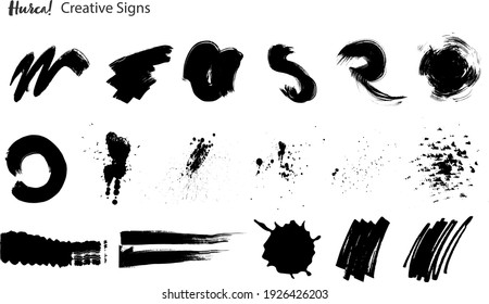 Set of black paint strokes made with dry brush