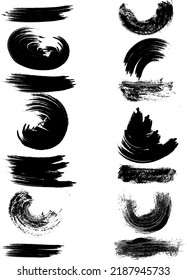 set of black paint textured dry brush strokes. ink brush strokes, brushes, lines, dirty artistic design elements, squares, frames. Vector illustration. Isolated on a white background. Freehand drawing