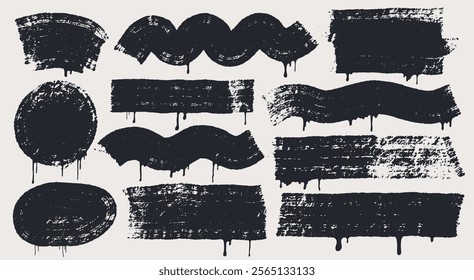 Set of black painted strokes with drips rectangles collection. Vector grunge long text boxes or textured backgrounds. Paint brush thin full background high detail abstract vector background.