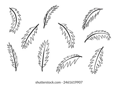 Set von Schwarzen Palmen Hand gezeichnete Doodle isoliert auf weißem Hintergrund. Palmsilhouetten. Design von Palmen für Poster, Banner oder Werbeartikel. Vektorillustration
