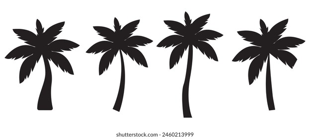 set of Black palm trees isolated on white background. coconut Palm tree silhouettes. Design of palm trees for posters, banners and promotional items.