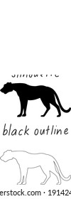 Set of black panther in color, silhouette and black outline on white background illustration