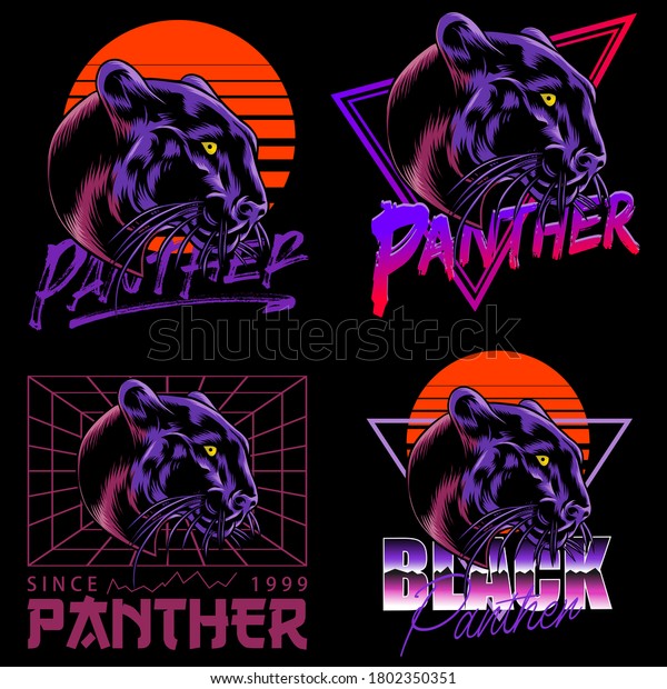 A set of black panther illustrations in a neon\
vibe for logo designs, t-shirts, emblems, badges, embroidery and\
other print designs