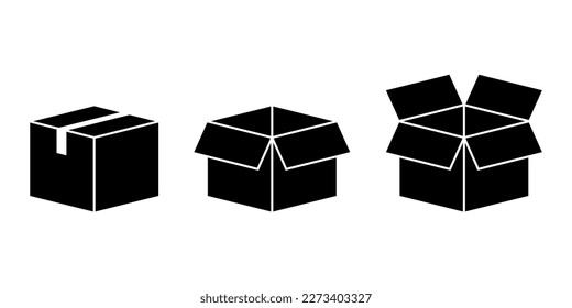 Set black paper cardboard box close and open icon outline flat vector design